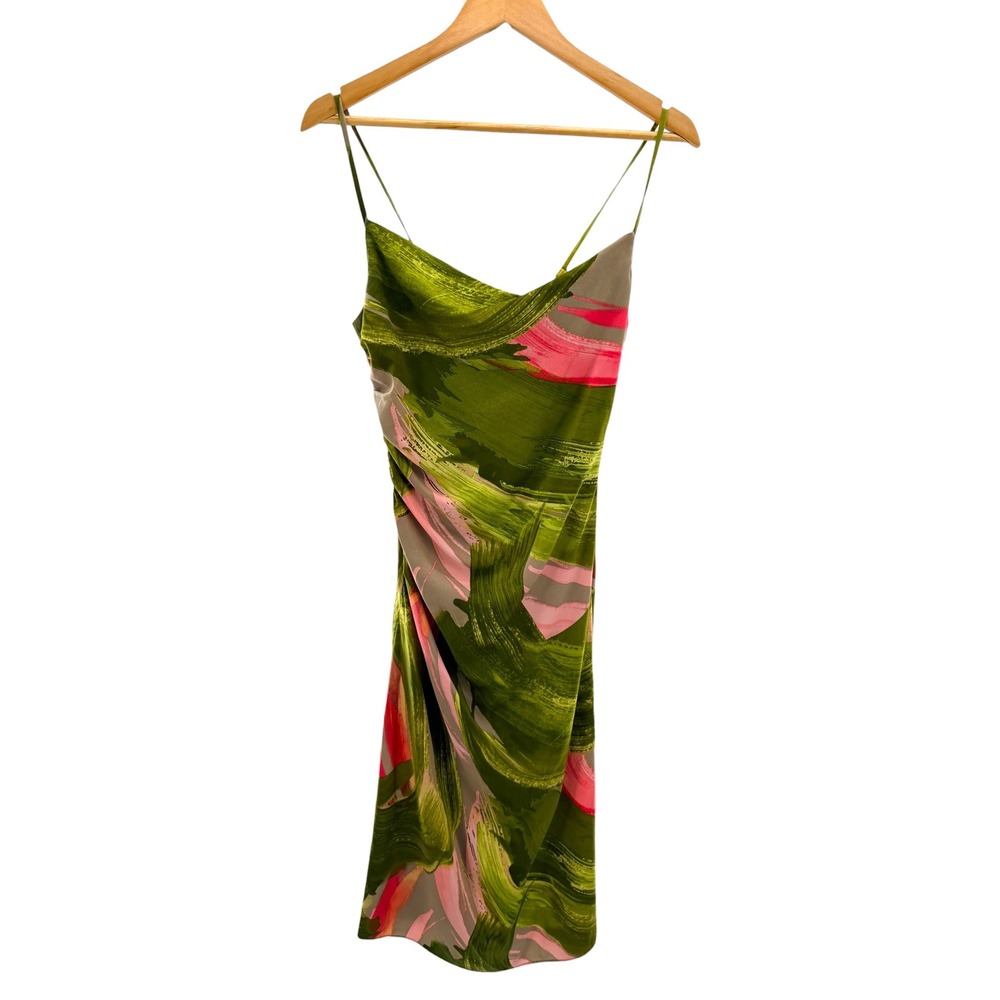 BCBG New York Womens XS Green Pink Abstract Brushstroke Cowl Neck Midi Dress